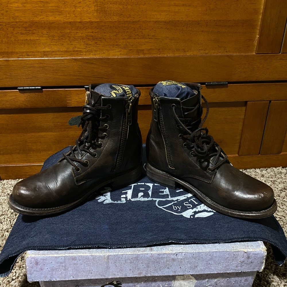 Freebird, black leather booties, size 7, with tread on sole.